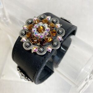 Wide Leather cuff with Vintage style rhinestone and pearl medallion accents